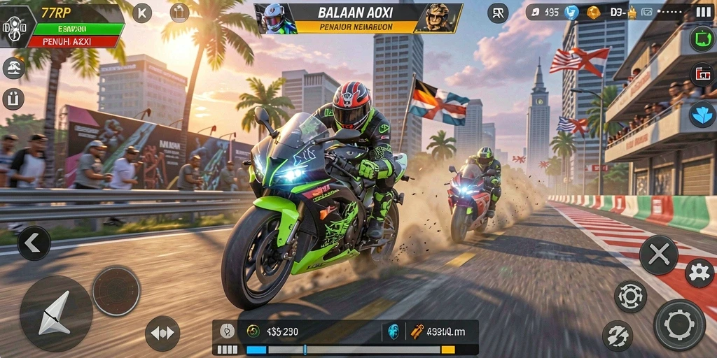 Gameplay balapan motor yang mengasyikkan dan penuh aksi.
