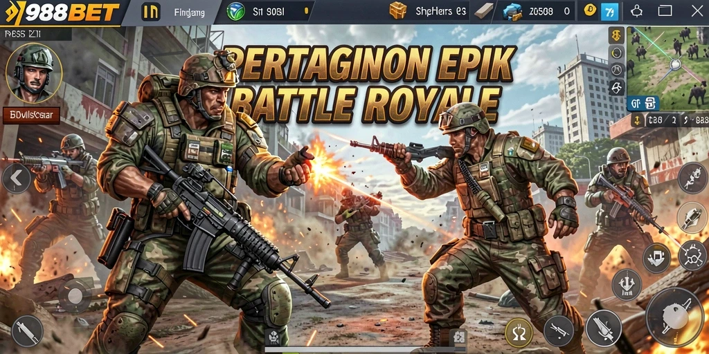 Tampilan gameplay mendebarkan dalam game Battle Royale 988BET.