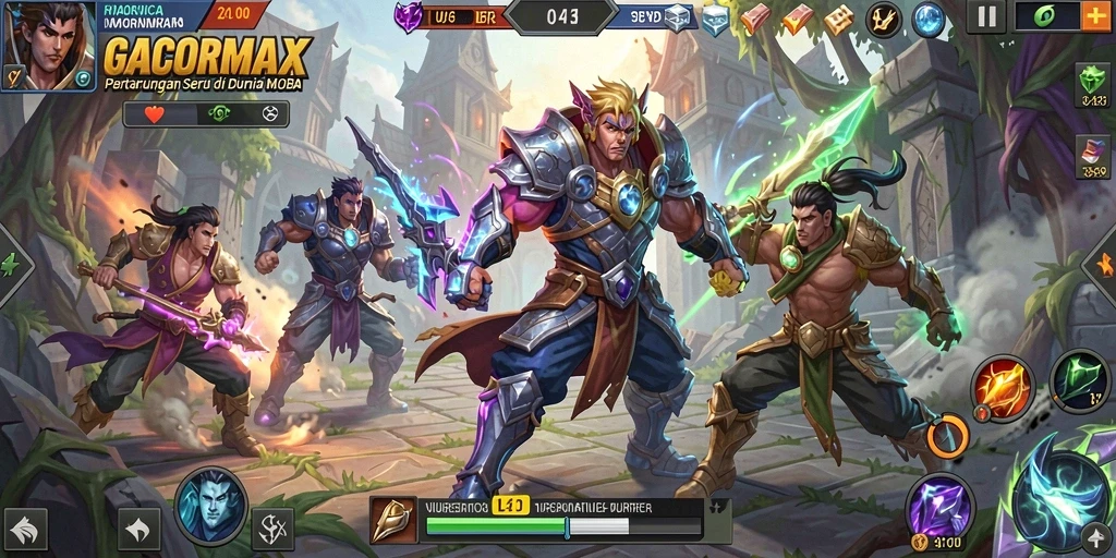 Screenshot GACORMAX menampilkan aksi seru dalam pertempuran tim MOBA.