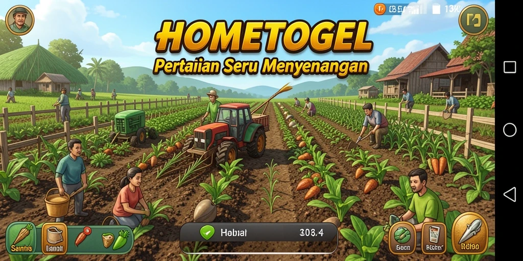 Screenshot gameplay HOMETOGEL dengan kebun yang indah dan berwarna-warni.