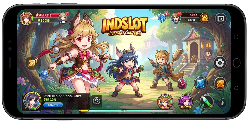 Screenshot utama INDSLOT menampilkan petualangan karakter anime yang penuh aksi.