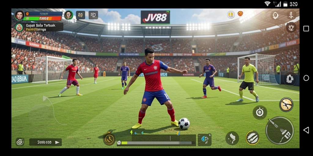 Screenshot gameplay JV88 menunjukkan aksi pertandingan sepak bola yang intens.