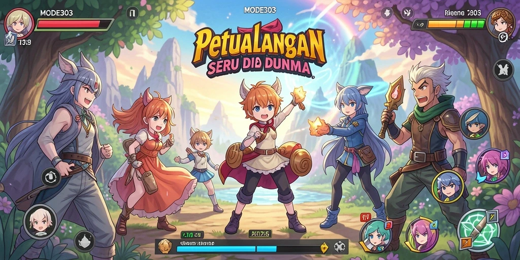 Tangkapan layar utama MODE303 menampilkan aksi seru dan karakter Anime.