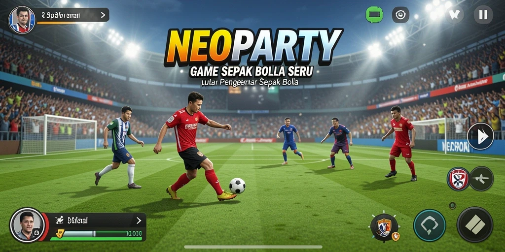 Screenshot NEOPARTY menampilkan aksi seru di lapangan sepak bola.