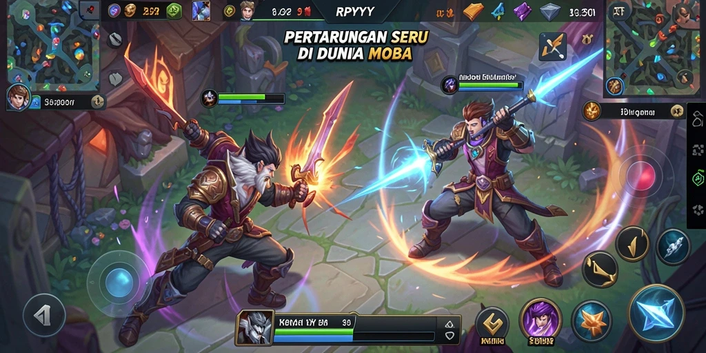 Tampilan gameplay seru dalam pertarungan tim MOBA di RPYYY.