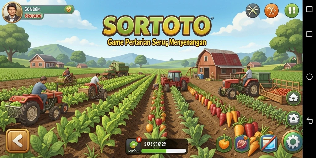 Tampilan gameplay SORTOTO yang menawan dan aktivitas pertanian yang seru.